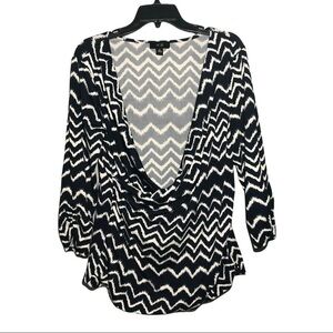 AGB blouse deep drop neckline ruffle blue stripe